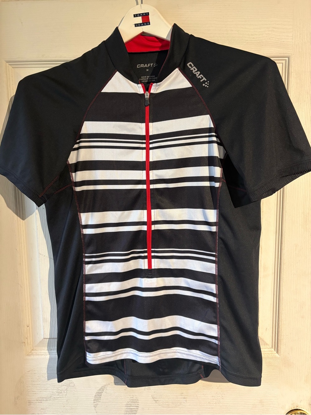 Craft Men’s Black & White Striped Cycling Jersey with Red Zip Trim
